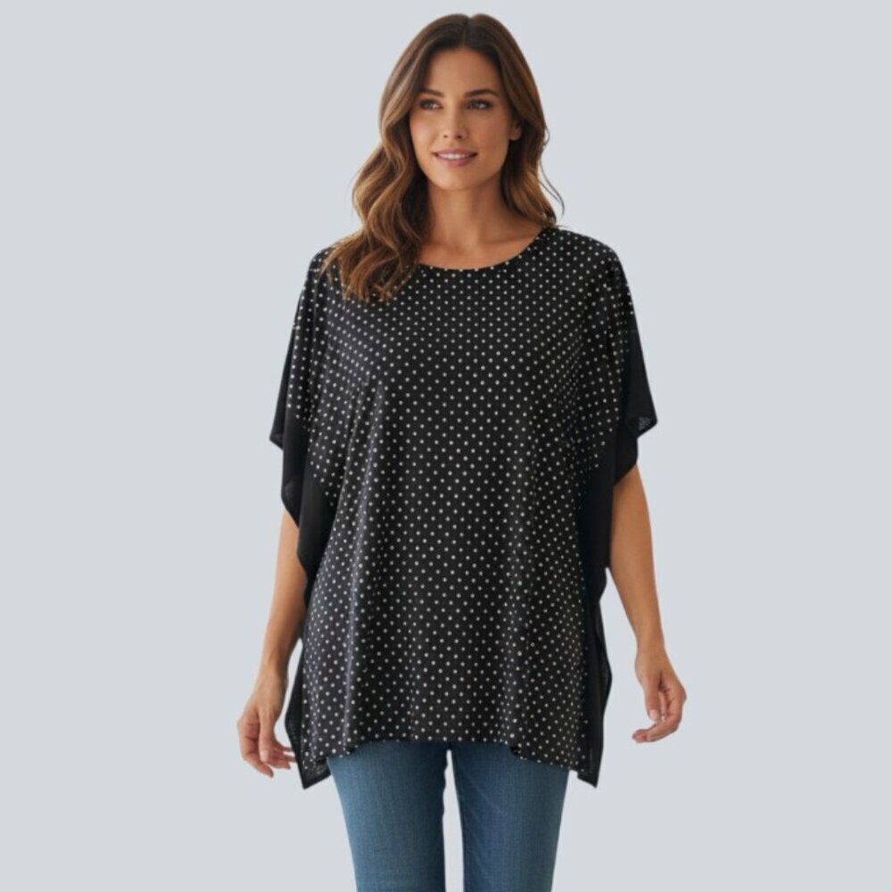 Michael Kors Womens Stretch Tunic Poncho Top Black White Polka Dot Stretch Sz PL
